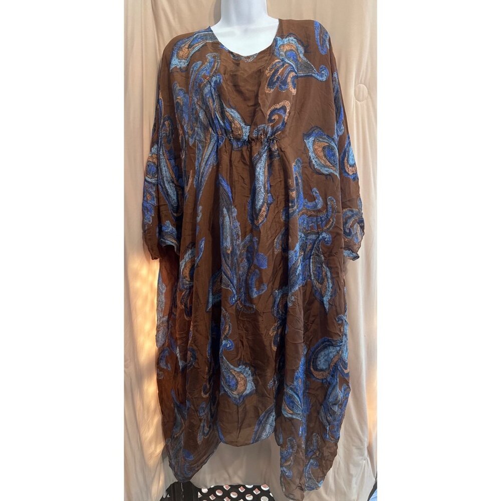 Mamma Mia Kaftan Dress Flowy Brown & Blue Tunic Paisley